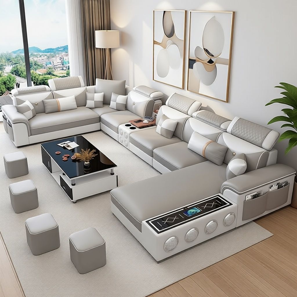 Modern multi-functional L-shaped sectional sofa with adjustable headrests and smart speakers & wireless charger